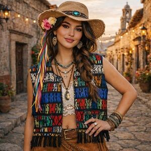 VTG Hand Woven Mexican Guatamalan Mayan Aztec Animal Embroidered Vest Sz SM-MD